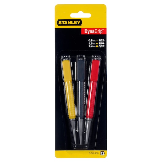 STANLEY 0-58-930 DynaGrip set of three colored punches, front view on white background.