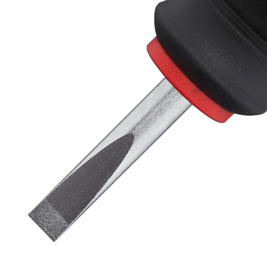 STANLEY 0-65-400 slotted screwdriver close-up with black and red handle on white background.