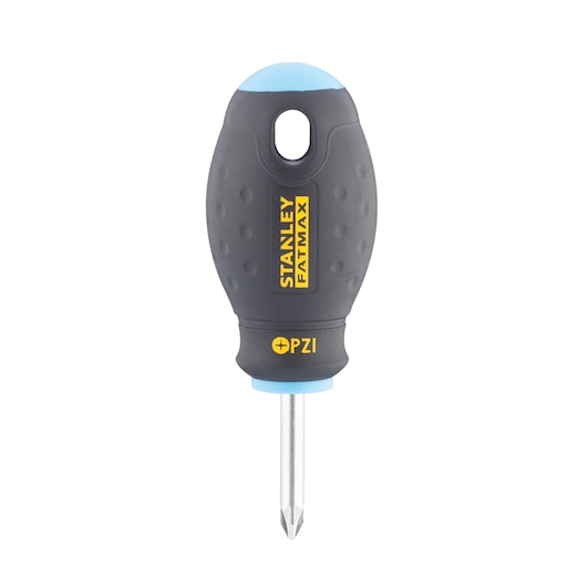 Photo of STANLEY 0-65-408 stubby PH2 screwdriver with black and blue handle, front angle.