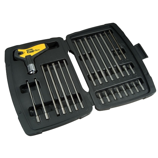 STANLEY 0-79-153 screwdriver and bit set in black plastic case, top-down view.