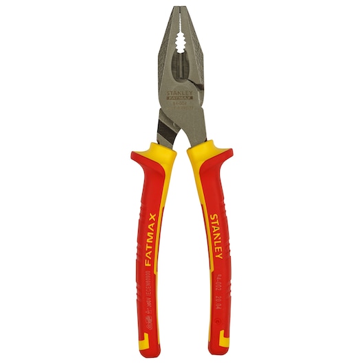 Stanley FatMax 0-84-002 combination pliers with red and yellow insulated handles for electrical work.