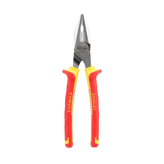 Photo of STANLEY 0-84-002 insulated combination pliers with red and yellow handles, front angle.