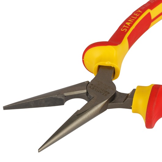 STANLEY 0-84-006 long nose pliers with red and yellow insulated handles, angled view, white background.