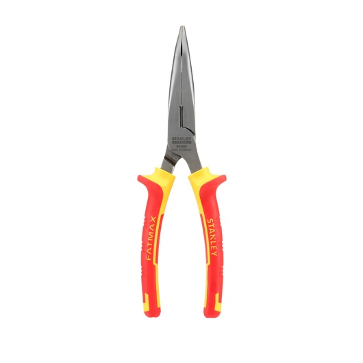 Stanley long nose pliers with red and yellow insulated handles, tool for precision gripping and cutting.