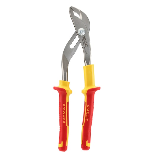 STANLEY 0-84-294 insulated groove joint pliers with red and yellow handles, front angle, white background.