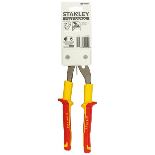 STANLEY 0-84-294 insulated long nose pliers 250mm, red and yellow handles, front angle, on packaging.