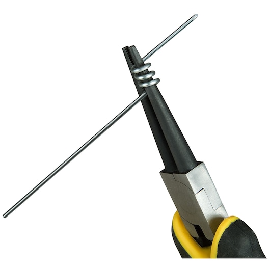 STANLEY 0-84-496 round nose pliers close-up bending metal wire, photography on white background.