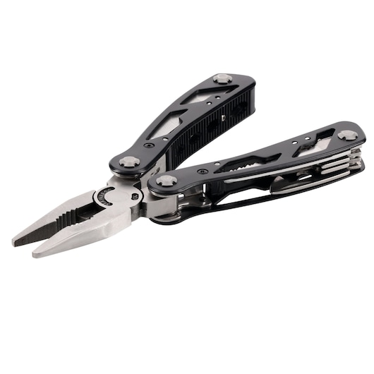 Stanley multitool with open pliers and various integrated tools, black handles, angled on white background.