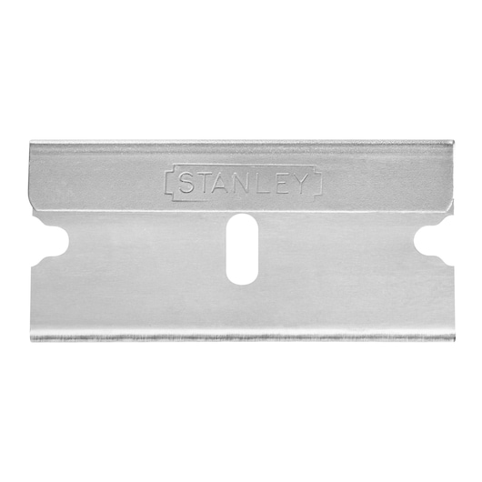 A single metal razor blade for utility purposes, with STANLEY branding engraved on the top.