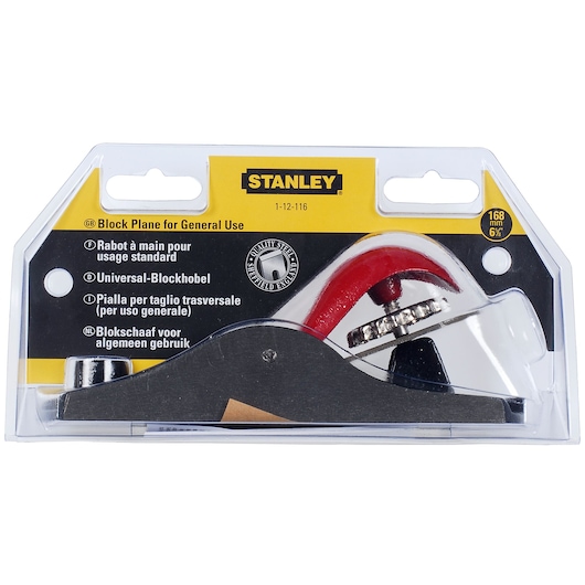 STANLEY 1-12-116 block plane for general use, black and silver, front angle, in retail packaging.