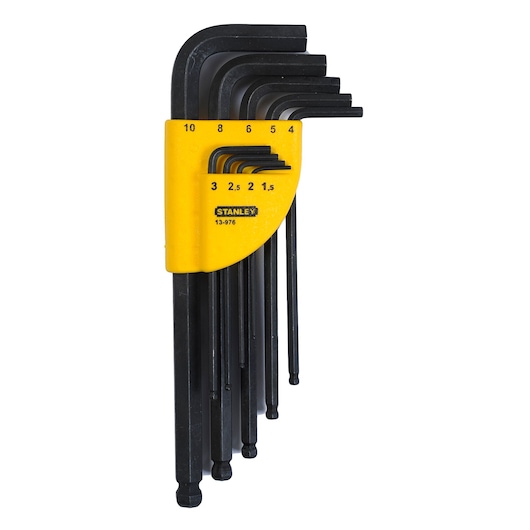 STANLEY set of black hex keys in a yellow holder, various sizes from 1.5 to 10mm, arranged in ascending order.