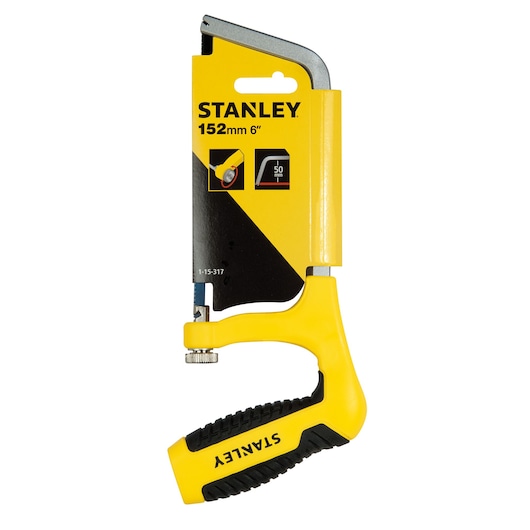 STANLEY 1-15-317 hacksaw, yellow and black, front angle, ergonomic handle, 152mm blade, photography.