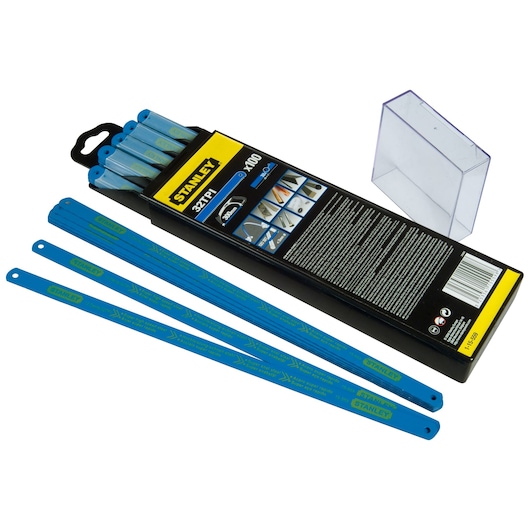 Stanley 1-15-559 pack of blue hacksaw blades, with packaging and storage box shown.