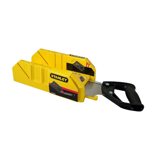 Photo of STANLEY 1-19-800 yellow mitre box saw with black handle, side angle, white background.