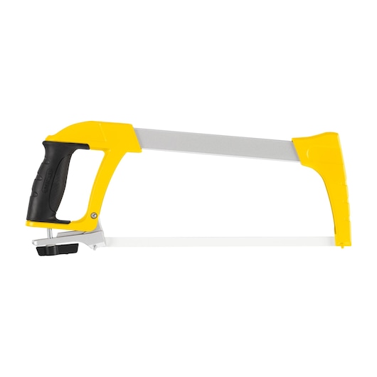 STANLEY 1-20-110 hacksaw with yellow frame and black ergonomic handle, side view on white background.