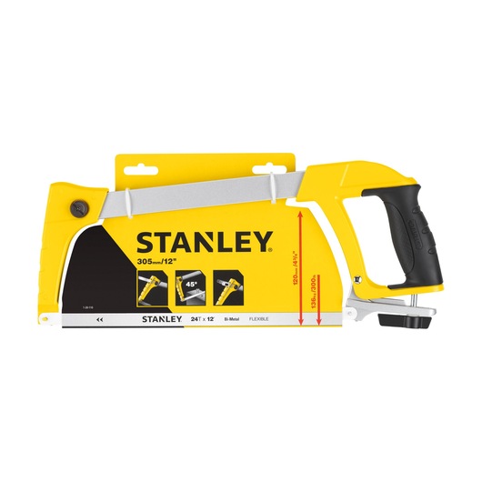 Photo of STANLEY 1-20-110 hacksaw, yellow and black frame, ergonomic handle, 305mm blade, side angle on white background.
