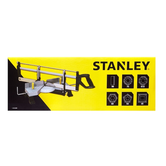 STANLEY 1-20-800 saw and mitre box set, yellow and black packaging, product photography front angle.