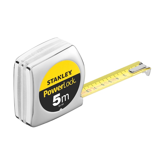 STANLEY 1-33-191 PowerLock tape measure 5m, chrome casing, yellow blade, side angle photo.