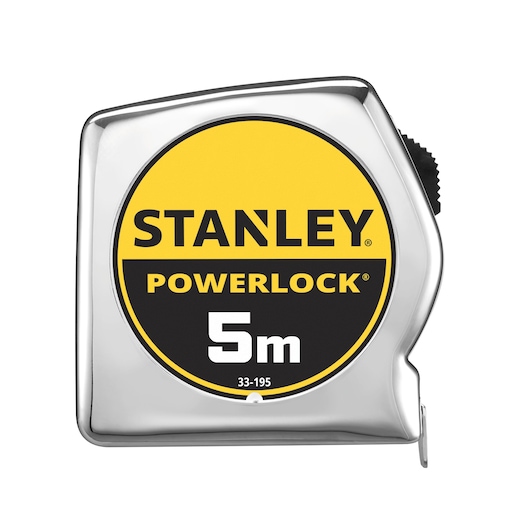STANLEY 1-33-195 Powerlock tape measure, 5m length, chrome case, front angle, photography product.