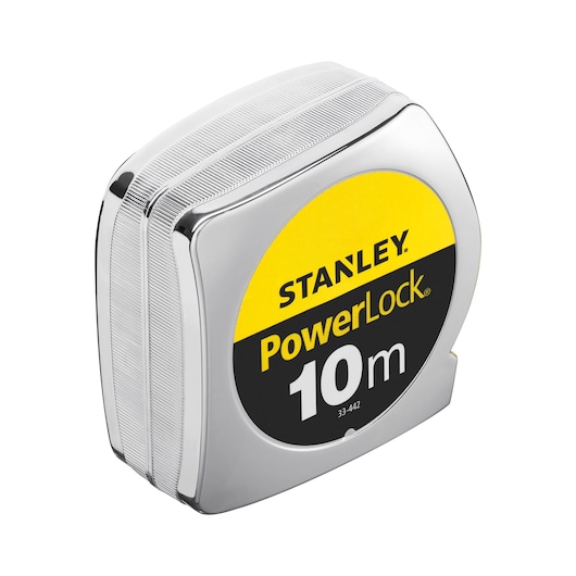 STANLEY 1-33-442 PowerLock 10m tape measure, chrome case, product angle photo on white background.
