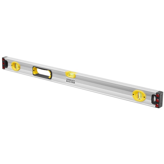 STANLEY 1-43-537 spirit level with three vials, silver body, yellow accents, front angle, white background.
