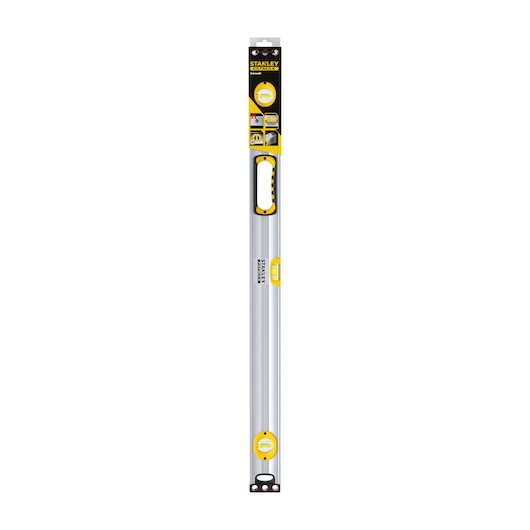 STANLEY 1-43-537 aluminum spirit level with ergonomic handle, photographed front on white background.