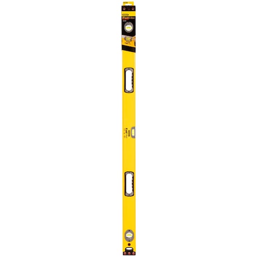 STANLEY 1-43-548 yellow spirit level, front angle, with ergonomic handles and visible vials.