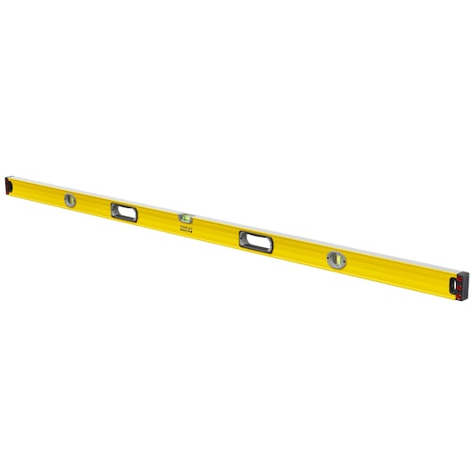 Photo of STANLEY 1-43-572 yellow spirit level with three vials and two handles, angled on white background.