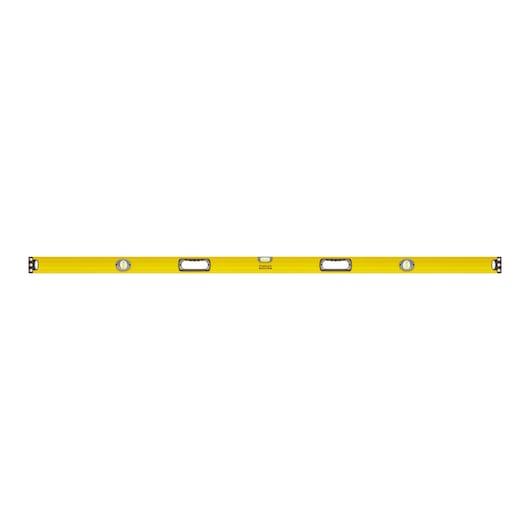 STANLEY 1-43-572 yellow box beam spirit level, three vials, front view, photography product image.