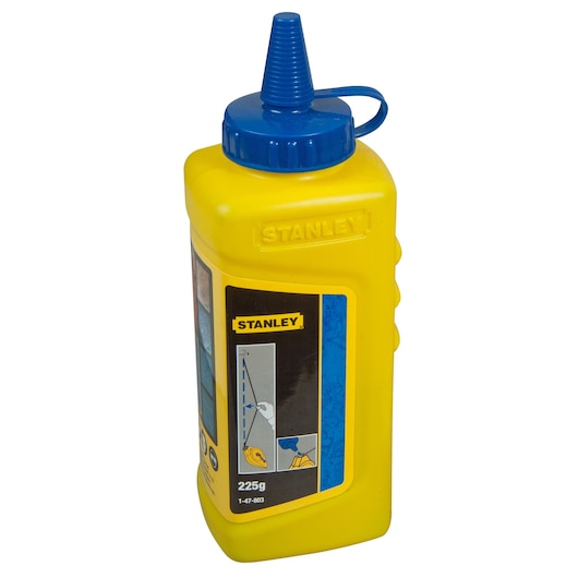 STANLEY 1-47-803 chalk refill, yellow plastic bottle with blue nozzle, angled view.