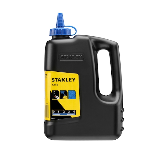 STANLEY 1-47-917 black chalk powder bottle with yellow label and blue cap, product front on white background.