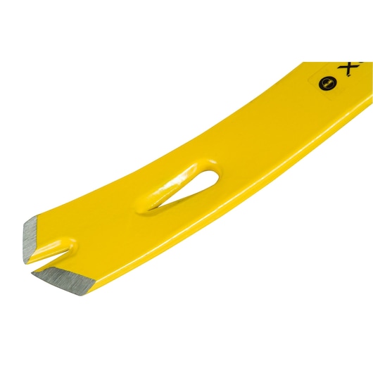 Close-up of a yellow Stanley pry bar with a beveled end and nail puller slot.