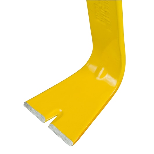 Close-up of a yellow Stanley pry bar with a notched, flat end for nail removal and prying.