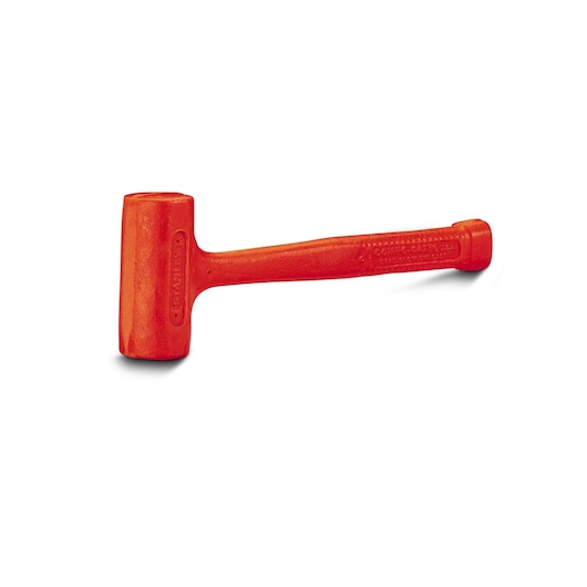 STANLEY 1-57-530 orange dead blow hammer, side angle, solid rubber-coated handle, isolated on white background.