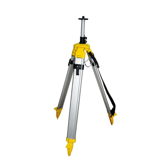 STANLEY 1-77-131 photography tripod, yellow and silver, front angle on white background.