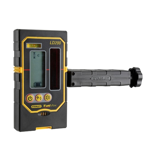Stanley LD200 laser detector with digital display and mounting handle, used for precise leveling in photography.