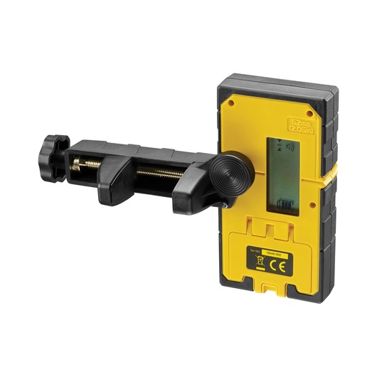 Stanley yellow and black laser detector with bracket, used for precise measurements in photography and construction.