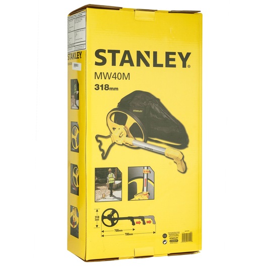 Photo of STANLEY 1-77-174 MW40M measuring wheel box, yellow packaging with product images and specifications.