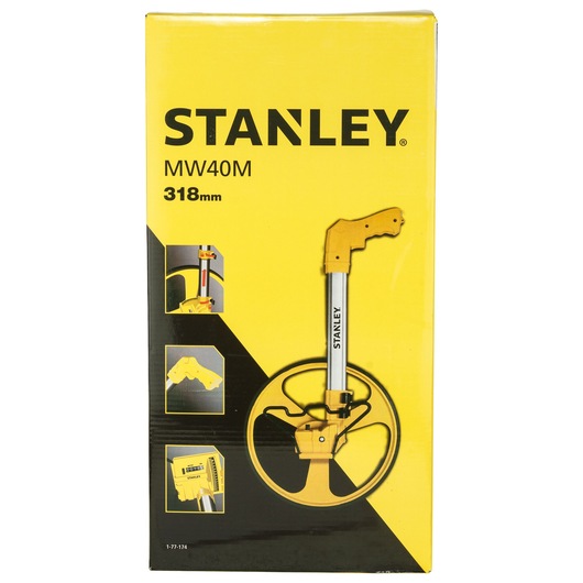 Photo of STANLEY 1-77-174 measuring wheel MW40M, 318mm, product box front with device and feature images.