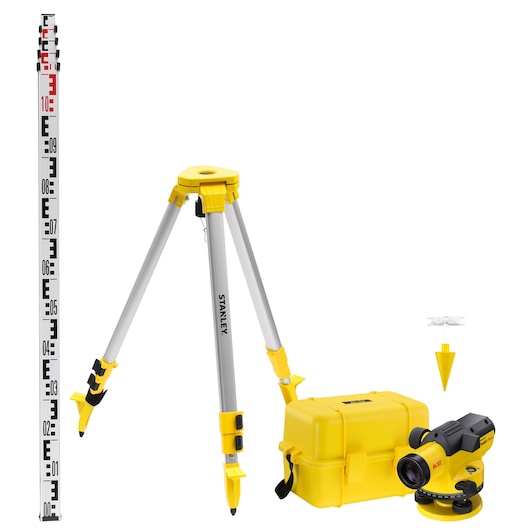Photo of STANLEY 1-77-245 surveying kit with tripod, leveling staff, optical level, yellow case, and plumb bob.