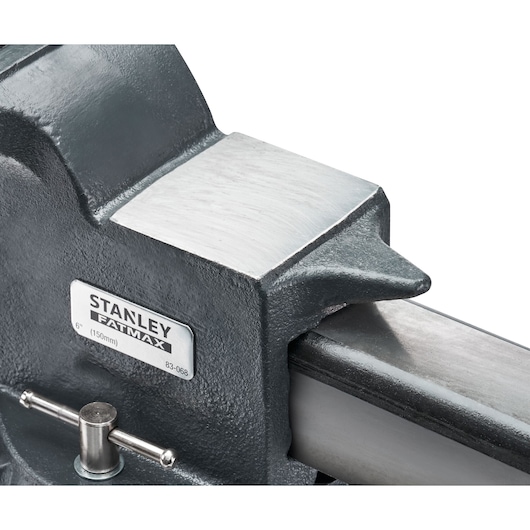 STANLEY 1-83-068 bench vise close-up, showing metal jaw and adjustment handle, product photography on white background.