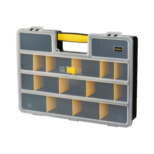 STANLEY 1-92-762 plastic organizer box with yellow handle and multiple compartments, front angle.