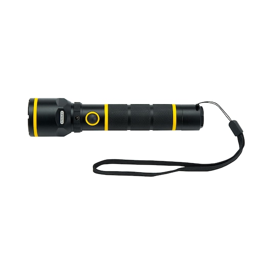 STANLEY 1-95-154 black and yellow flashlight with wrist strap, side angle, on white background.