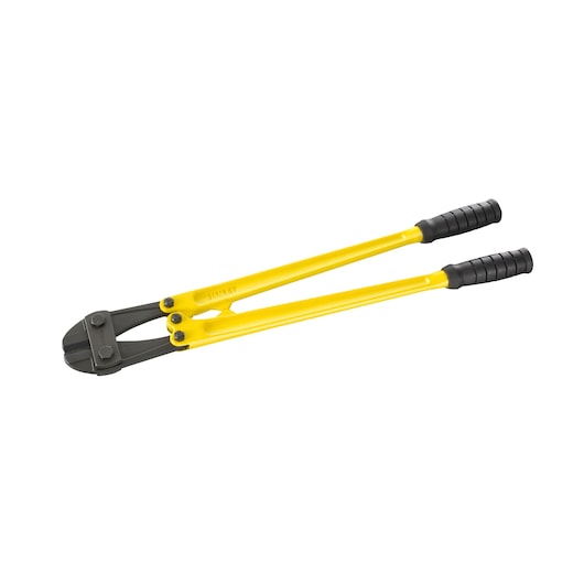 STANLEY 1-95-565 bolt cutter with yellow handles and black grips, product photo on white background.