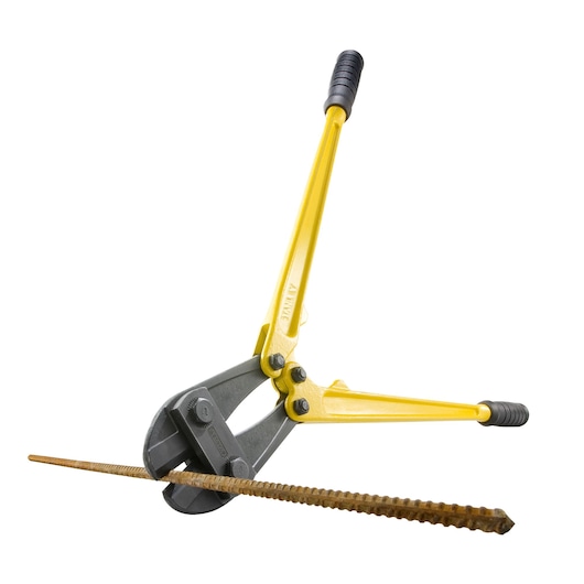 STANLEY 1-95-565 bolt cutter with yellow handles and black grips, shown cutting a metal rod, front angle.