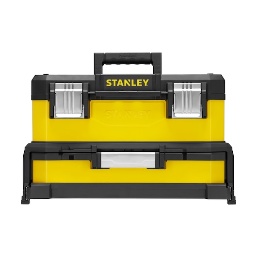 Stanley yellow and black toolbox with metal latches and a sturdy handle, shown from the front.