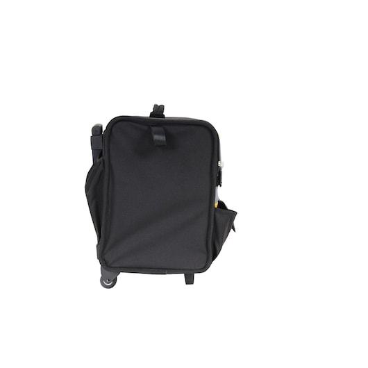 STANLEY 1-97-515 black rolling tool bag, front angle, with side pocket and retractable handle.
