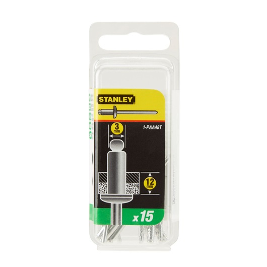 STANLEY 1-PAA48T pack of 15 metal blind rivets, 3mm diameter, 12mm length, front view, in clear plastic packaging.