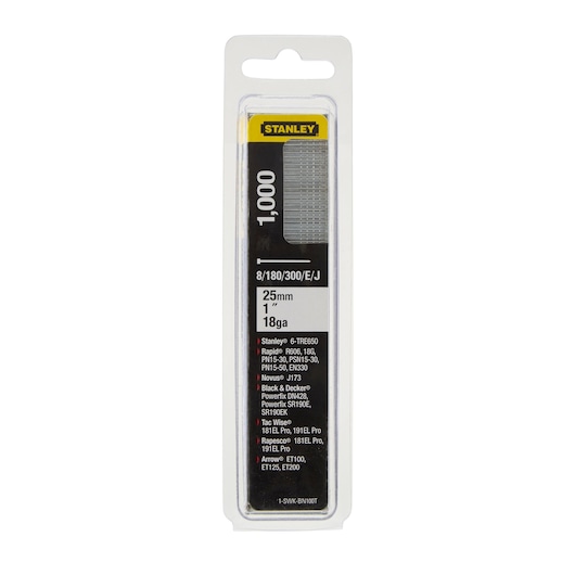 Stanley 1-SWKBN100T photography of 25mm T nails pack, 18 gauge, 1000 pieces, front angle, white background.