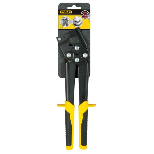 STANLEY 15-273 hand riveter tool with black body and yellow handles, front angle on white background.